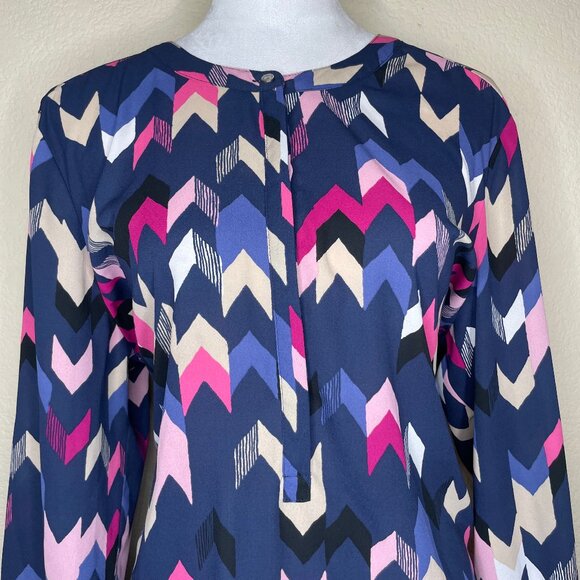 JM Collection Women's Navy Blue Pink Chevron Print Pleated 3/4 Sleeve Blouse XL - Picture 2 of 8